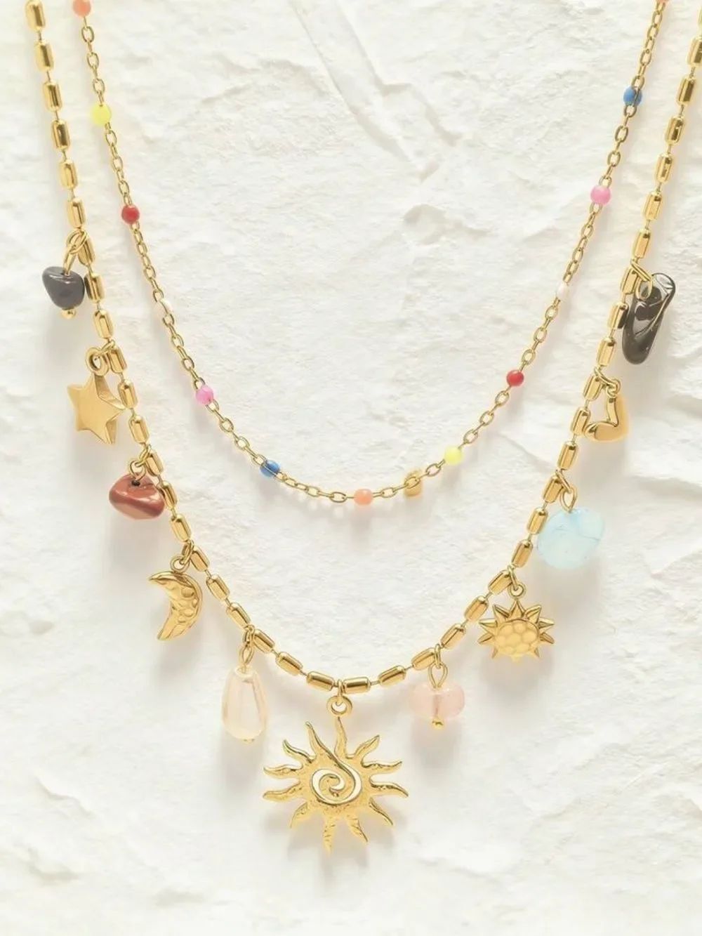Gold Multi-Charm Sun Pendant Layered Necklace R769